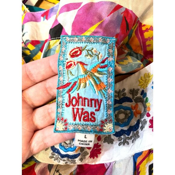 Johnny Was Tweety Mixed Print Silk Boho Blouse Top L Vibrant Colors - Picture 3 of 3